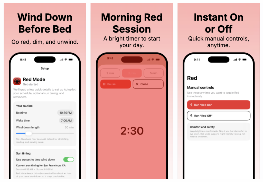 Red Mode - Wind Down, Morning Red Session, Instant On or Off